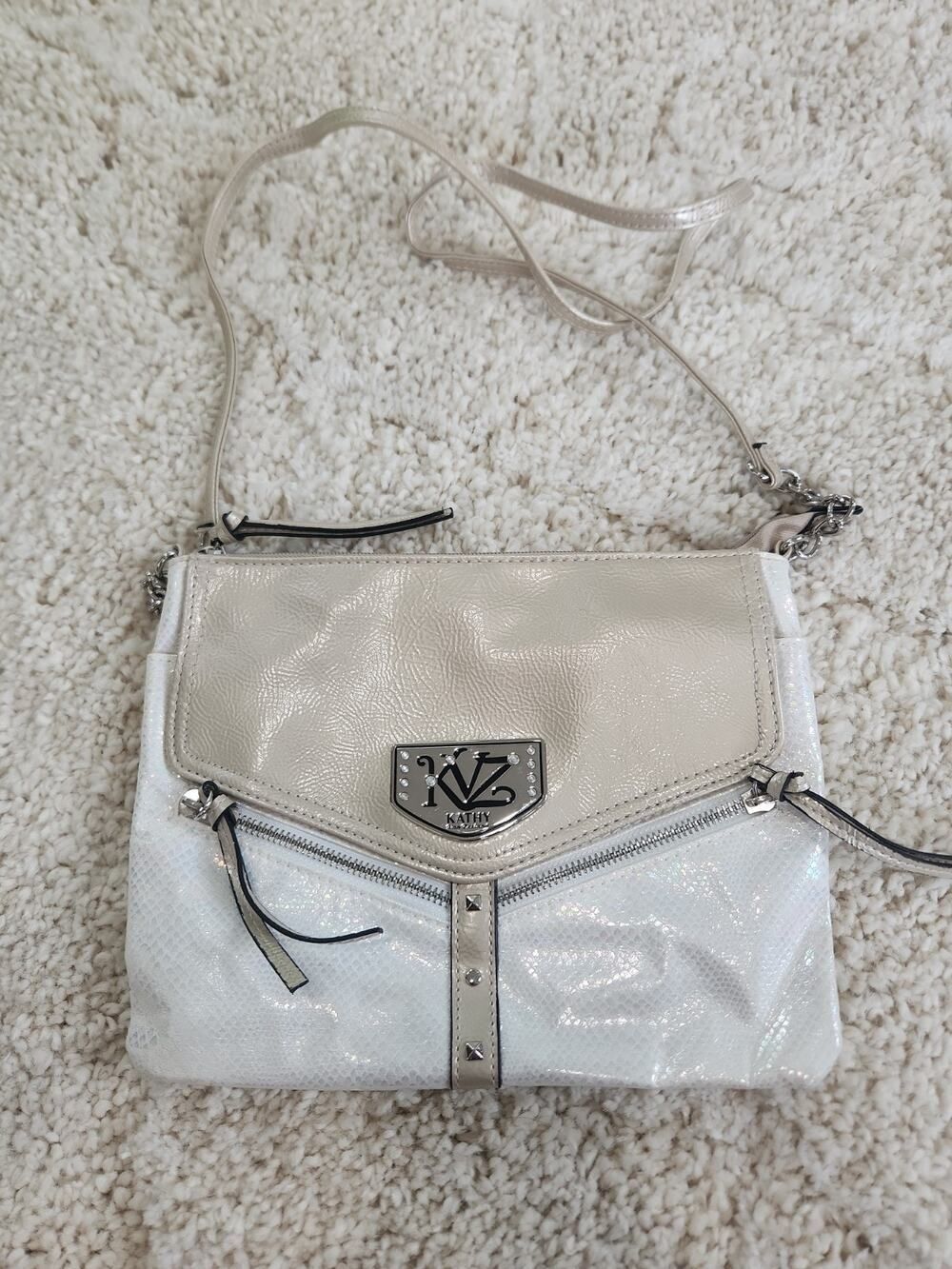 Kathy Van Zeeland Mini Crossbody Purse Womens Zip Lightweight White Beige